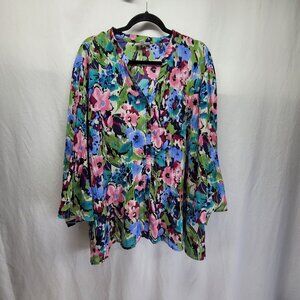 Fashion Bug 4XL Pleated Floral 3/4 Sleeve Metallic Shine Women's Blouse